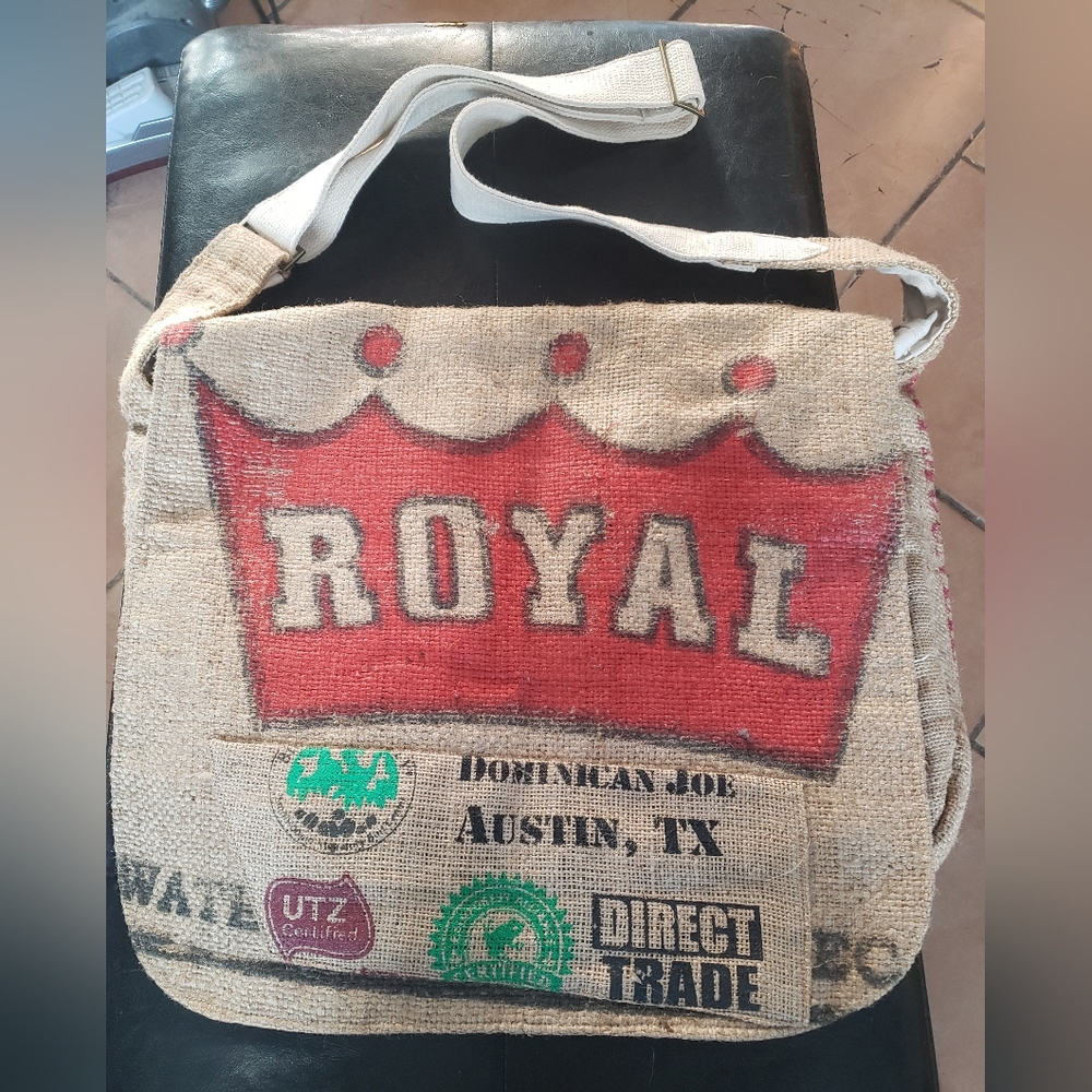 One of a kind large handmade messenger bag made of coffee bags